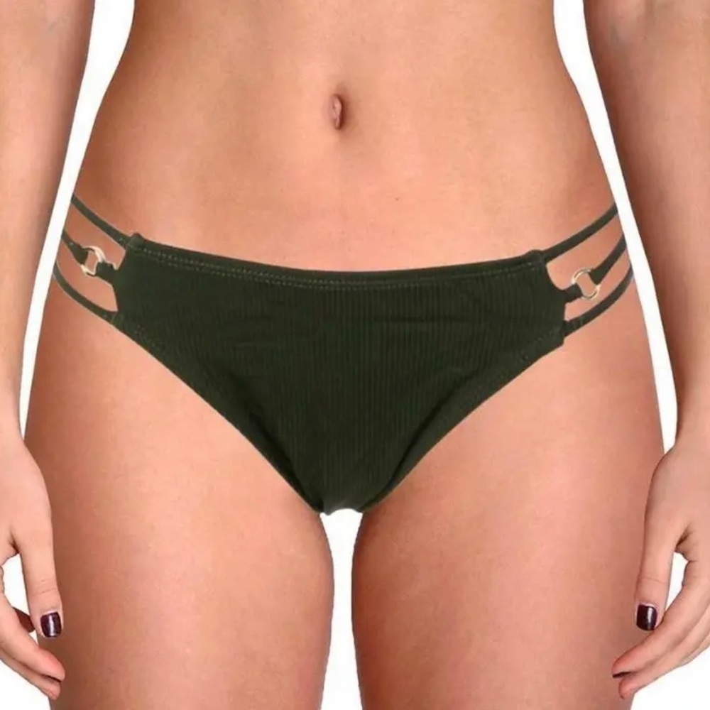 NWT California Waves XL Green Moss Ribbed Strappy Hipster Bikini Bottoms X-Large